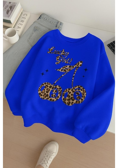 Benroma 3 İplik Penye Lucky Girl Baskılı Unisex Sweatshırt Saks Mavisi