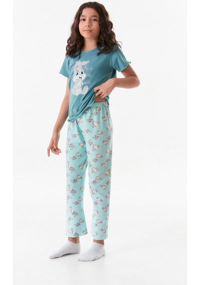 Fullamoda Tavşan Baskılı Kız Çocuk Pijama Takımı 24mıcg631212236-mavi 24MICG631212236-Mavi