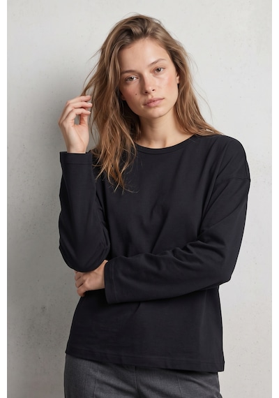 Elemge %100 Pamuk Süprem Oversize Kadın Uzun Kollu T-shirt Compact Penye Tok Yumuşak Kumaş Bol Kesim Nefes Alan Terletmez Yapı Basic Siyah Tişört