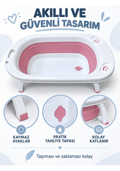 Beylini Katlanabilir Bebek Küveti Soft Silikon Destekli Banyo Akordion Duş Oyun Alanı Pembe