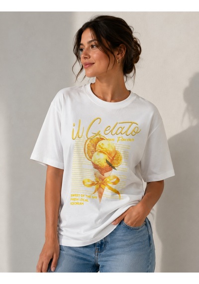 Dondurma Detaylı Oversize T-shirt Beyaz - Sarı