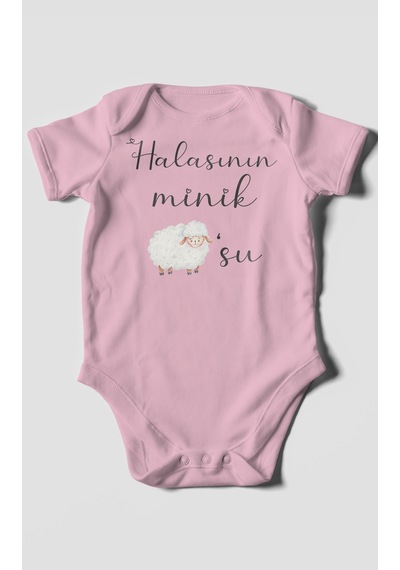 Halasının Minik Kuzusu Baskılı Bebek Zıbını Çıtçıtlı Body %100 Pamuk Kısa Kol Koyu Pembe
