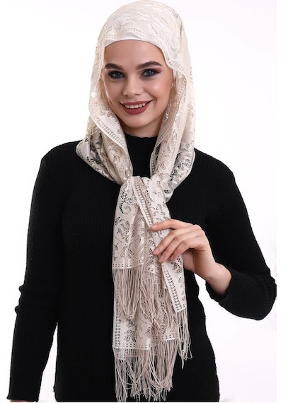 Narin Pamuk Tül Şal Koyu Krem-2 60x160