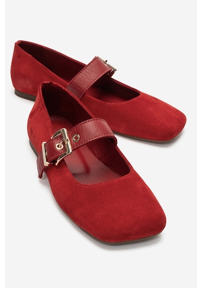 Luvi Shoes Jonas Kırmızı Süet Hakiki Deri Kemerli Kadın Babet Ayakkabı