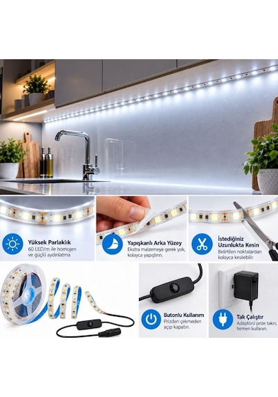 Şerit Led 5 Metre Mutfak Dolabı Tezgah Altı Aydınlatma Adaptörlü Butonlu Tak Çalıştır Sb-6556 Beyaz
