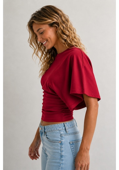 Overmax Bele Oturan Oversize Kollu Premium Crop Bluz Kırmızı - 880759104 Kırmızı