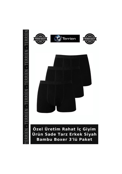 Terrien Özel Üretim Rahat İç Giyim Ürün Sade Tarz Erkek Siyah Bambu Boxer 3'lü Paket
