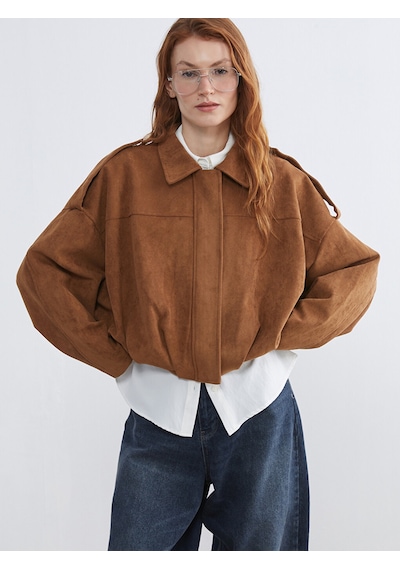 Lcw Vision Kahverengi Gömlek Yaka Oversize Kadın Süet Görünümlü Ceket Xl-2xl