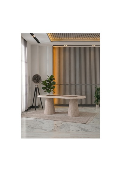 Aura Bohem Çift Renk Mebran Mdf 90x180 Masa Traverten/ahşap Traverten/ahşap