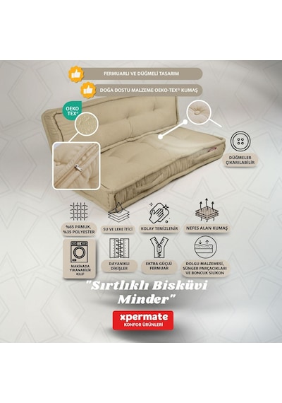 Xpermate Bisküvi Yer Minderi 60x120 Kalın Palet Balkon Petek Önü Fermuarlı Minder Bej