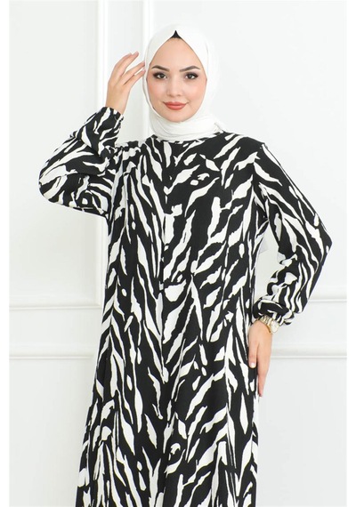 Modi Zebra Desen Tesettür Elbise Siyah