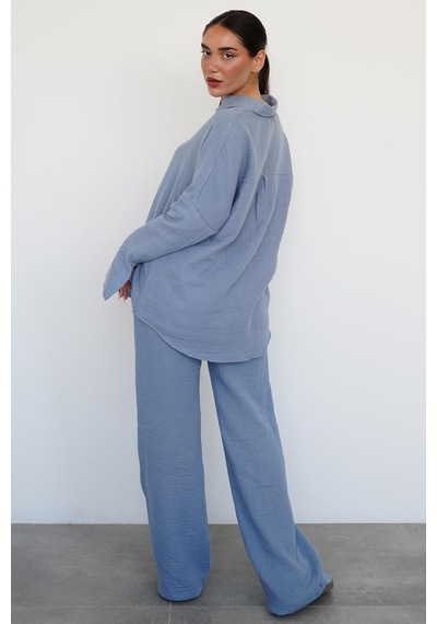 Madmext Mavi Basic Kadın Gömlek Pantolon Takım Mg2461 Mavi