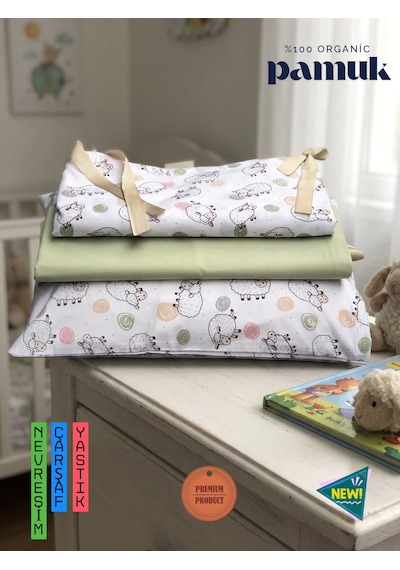 %100 Organik Pamuk Ranforce Bebek Nevresim Takımı - Eko-tex Sertifikalı Antialerjik Set Beyaz - Yeşil