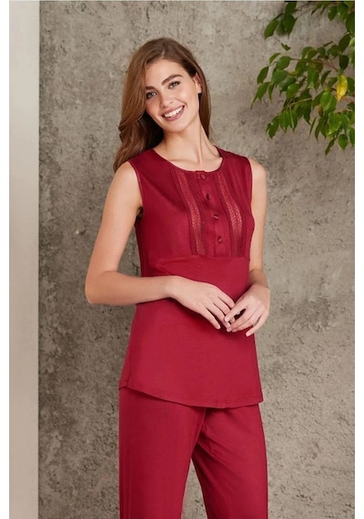 Pierre Cardin 2800 Kadın Bordo Dantelli Penye 3'lü Sabahlıklı Pijama Takım