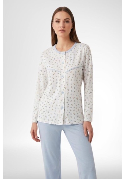 Mecit Pijama Mecit 6362 Mavi Boydan Düğmeli Büyük Beden Kadın Pijama Takımı