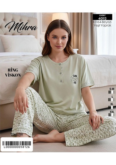 Mihra Kadın Ring Viskon Düğmeli Yaka Kısa Kol Likralı Pijama Takımı 40112y - 1 Adet Yeşil