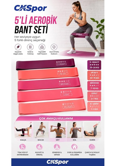 Ckspor 5'li Aerobik Direnç Bandı Seti Pilates Fitness Yoga Egzersiz Lastiği 5 Seviye Diğer