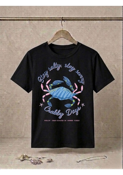 Kadın Stay Salty Yengeç Baskılı Kompakt T-shirt Siyah
