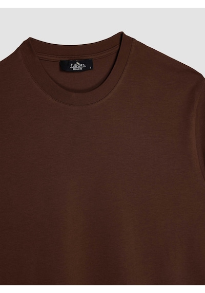 Tudors Unisex Relax Fit Rahat Kesim %100 Pamuk Yumuşak Dokulu Basic Bisiklet Yaka Kahverengi Tişört-31474-kahverengi Kahverengi