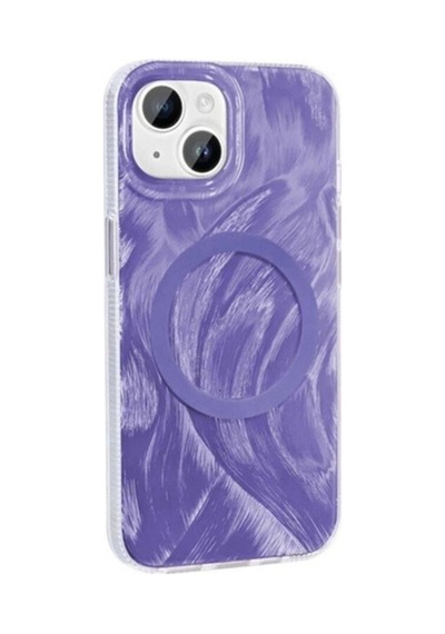 Apple Uyumlu iPhone 15 Kılıf M-safe Şarj Özellikli Fırça Boya Desenli Zore Palet Kapak Mor