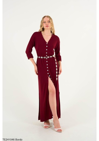 Butik Belvita Düz Düğmeli Elbise Bordo