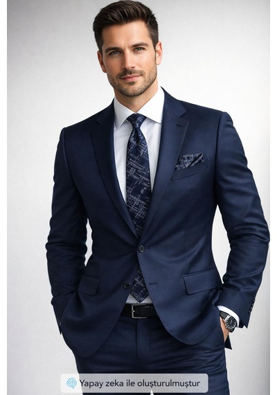Gaffy Gri Kırcıl Desenli Lacivert Dokuma Kumaş Mendilli Slim Fit Kravat // Sdk-2611-2 Lacivert