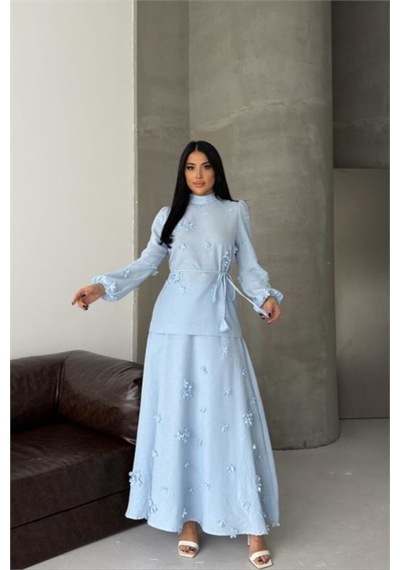 Neşeli Butik Kadın Bebe Mavi Keten Kumaş Çiçek Aplikeli Hakim Yaka Etekli Takım Nbms2629 Bebe Mavisi