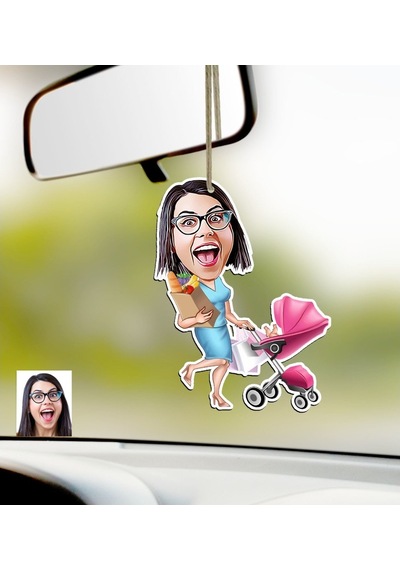 Kişiye Özel Ev Hanımı Karikatürlü Ahşap Araba Dikiz Ayna Süsü-1