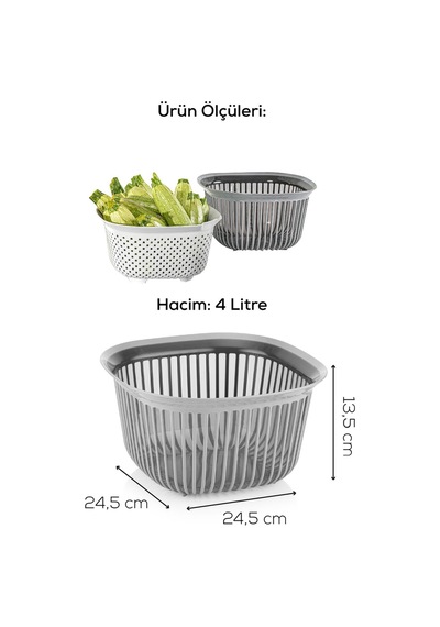 Vienev 4 Litre Kare Kase Ayrı Süzgeçli Antrasit-füme