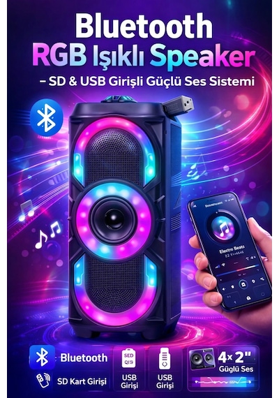 Pl-4525 Bluetooth Rgb Işıklı Speaker 4x2 Sd & Usb Girişli Güçlü Ses Sistemi