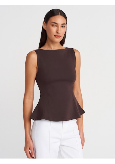 Dilvin 21001 Kayık Yaka Peplum Top-koyu Kahve Koyu Kahve