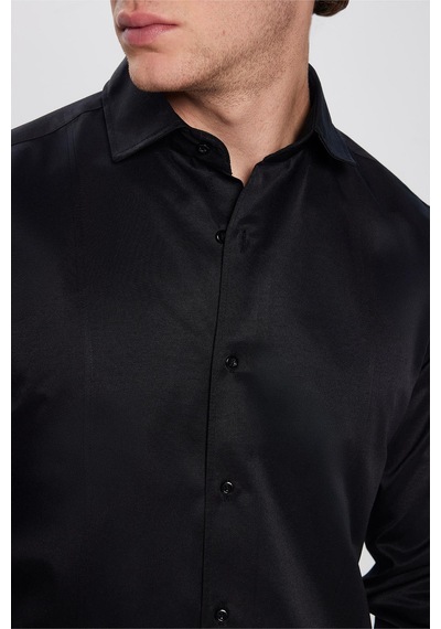 Tudors Slim Fit Dar Kesim Uzun Kollu Önden Kulplu Düz 4 Mevsim Erkek Gömlek-31320 Siyah