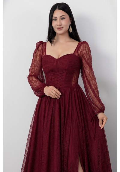Kalopya Kalp Yaka Uzun Kol Dantel Elbise Ecr5733 Bordo