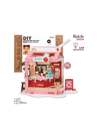 Rolife Ds034 Çilekli Süt Dükkanı Strawberry Milk Box Dıy Minyatür Maket Model Seti Mini Dollhouse 3d Model Kit Detaylı Dekoratif Hobi Seti 3d Puzzle Tiny House