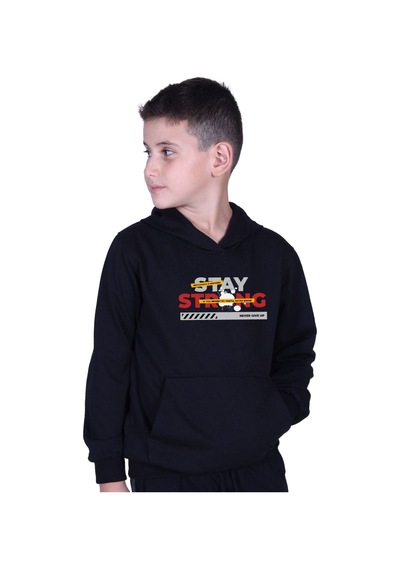 Fyk Kids Kapüşonlu Kanguru Cepli Stay Strong Baskılı Erkek Çocuk Sweatshirt Siyah