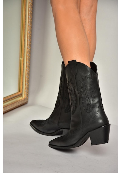 Fox Shoes T267655009 Siyah Kalın Topuklu Kadın Bot Siyah-Suni Deri Siyah
