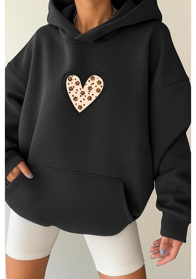 Benroma 3 İplik Penye Kalp Unisex Kapüşonlu Sweat SIYAH