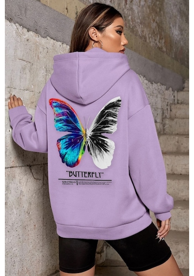 Uyguntarz Unisex Butterfly Sırt Baskılı Sweatshirt Lila