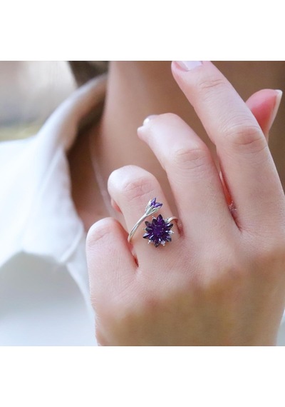 Ametist Taşlı Lotus Çiçekli Gümüş Set Gümüş