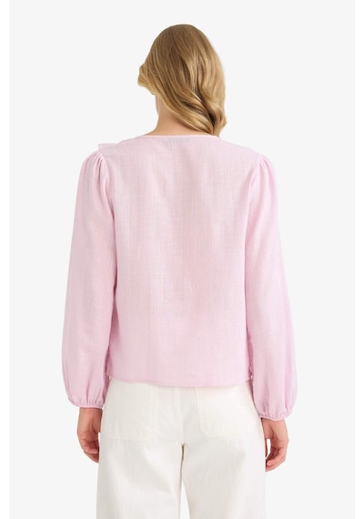 Defacto Regular Fit V Yaka Volanlı Pamuklu Uzun Kollu Bluz F9336ax25aupn96 Pembe