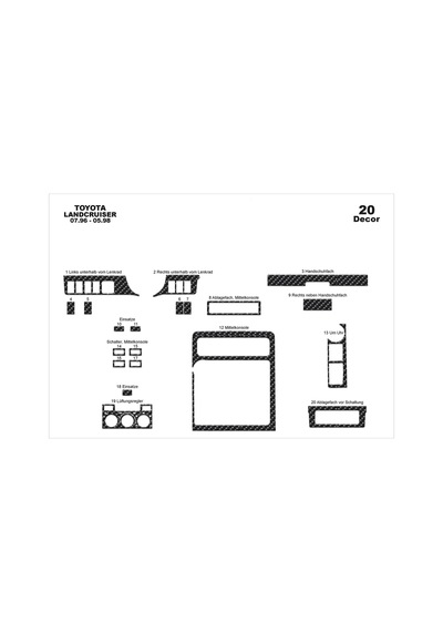 Toyota Land Cruiser Torpido Kaplama 1996-1998 20 Parça Karbon