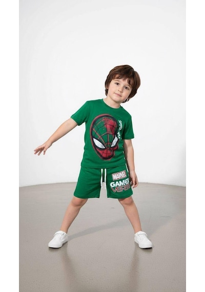 Rkek Çocuk Baskılı Şortlu Takım - Marvel Gamer Verse Kombini Yeşil