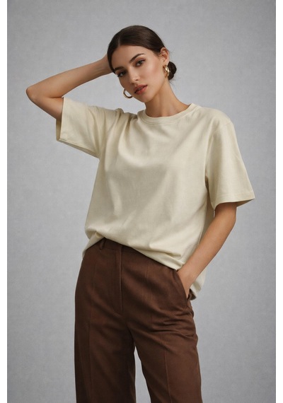 Kadın Bej %100 Pamuk Oversize Basic Tişört Rahat Kalıp Relaxed Bisiklet Yaka T-shirt Bej