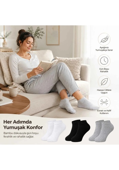 Çorap Giyim Kadın Bambu Patik Çorap 12 Li Paket, Siyah Beyaz Gri, Nefes Alan Nem Emici Yumuşak Günlük Spor Bilek Çorabı Siyah Simli