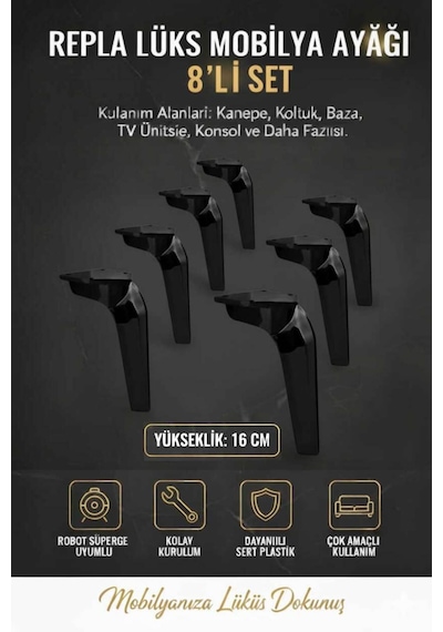 Repla Mobilya Kanepe Tv Ünitesi Koltuk Ve Konsol Dolap Ayağı 16 Cm Siyah Siyah