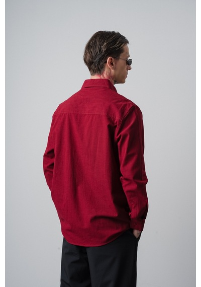 Respire Erkek Res Nakışlı Uzun Kollu Keten Oversize Gömlek Bordo