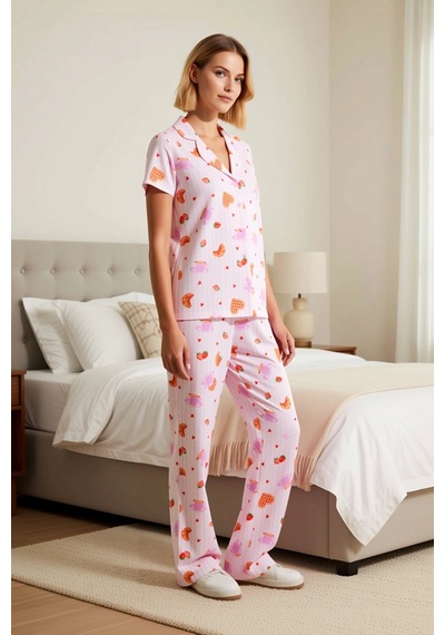 Benerly Kadın Gömlek Yaka Kısa Kol Eğlence Desenli Pijama Takımı Regular Pembe