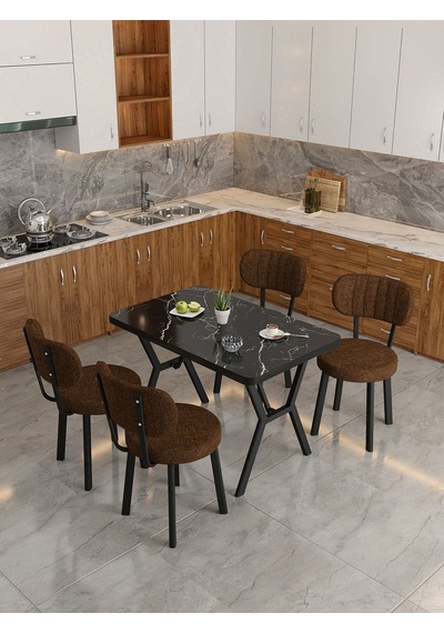 Azra 70x110cm Bendir Mutfak Masası, Mutfak Masası Takımı, Yemek Masası, 4 Kahverengi Sandalye Kahverengi