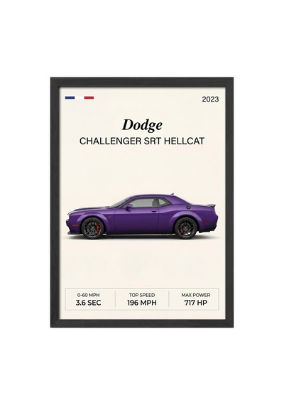 Dodge Challenger Srt Siyah Ahşap Çerçeveli Poster, Dekoratif Araba Duvar Tablosu