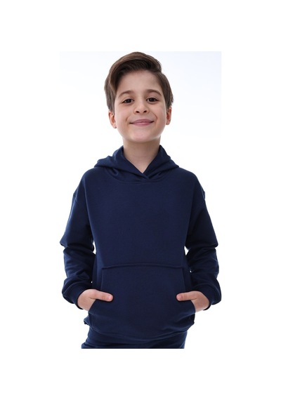 Zuzunga Basic Kapüşonlu Şardonlu Kanguru Cep Detaylı Çocuk Sweatshirt 3-10 Yaş Lacivert